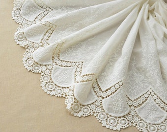 Cotton Lace Fabric By The Yard - Off White - Both Scalloped Border - Hollowed Out Wedding Fabric