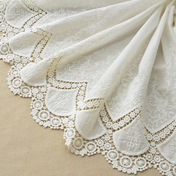 Cotton Lace Fabric By The Yard - Off White - Both Scalloped Border - Hollowed Out Wedding Fabric