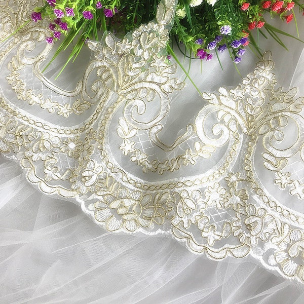 1 yard gold alencon lace trim, gold alencon trimming, gold cord lace trim, gold lace border