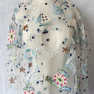 3 Colors Sailboat Star Embroidered Lace Fabric Soft Lace Tulle for Wedding Dress Gown Curtain 51" width Sold by the Yard