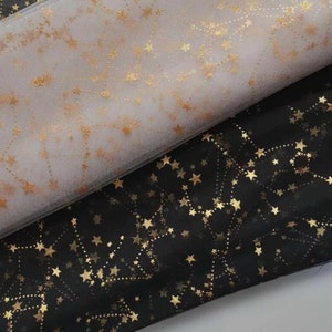 Bronzing gold stars lace fabric soft black/off white tulle lace fabric for prom dress, headband, evening dress, curtain