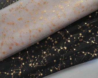 Bronzing gold stars lace fabric soft black/off white tulle lace fabric for prom dress, headband, evening dress, curtain