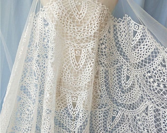 Tela de encaje cortada a medida, tela vintage de alta costura, encaje bordado en blanco roto, tela para vestido de novia