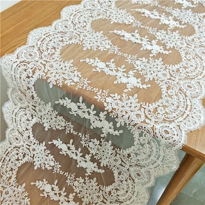 Alencon Lace Table Runner, Floral Embroidery Fabric, Ivory Lace Tablecloth, Wedding Table Decor, Bridal Shawl