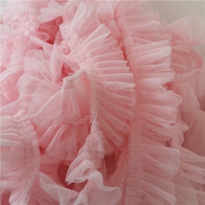 Pink Tulle Ruffled Lace Trim 2 Layers Mesh Wedding Fabric Flower Girl Dress 1.9" Width 2 Yards Long