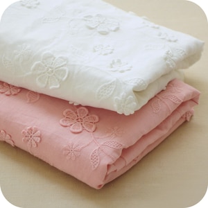 3D Flower Cotton Fabric, Off White/Pink Embroidery Lace Fabric, Cotton Fabric By The Yard 51" Wide