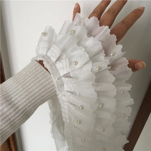 3 Layers Ruffled Chiffon Lace Trims In Ivory With Pearl Beaded Details 4.33" Width 2 Meters Long