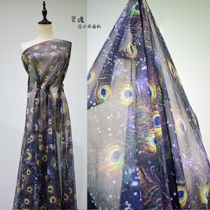 Tela de encaje elástico con estampado de plumas de pavo real en degradado de 2 colores, tela de tul con encaje floral de pavo real brillante para vestidos de tutú y banquetes.