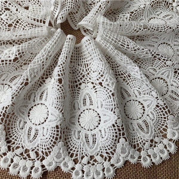 Bordure en dentelle de coton super large, dentelle au crochet rétro blanc cassé, dentelle évidée avec bordure festonnée, 6,7 po. de large, 1 mètre