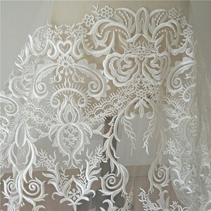 Flower Fabric, Off White Sequined Mesh Lace Fabric, Sequined Floral Tulle Fabric, Wedding Dress Fabric 51&quot; Width 1 Yard