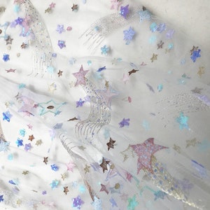 Colorful Stars Tulle Fabric, Sequin Mesh Lace Fabric, Pink Tulle Lace, Bridal Veil Tutu Dress Skirt Fabric Sell By The Yard