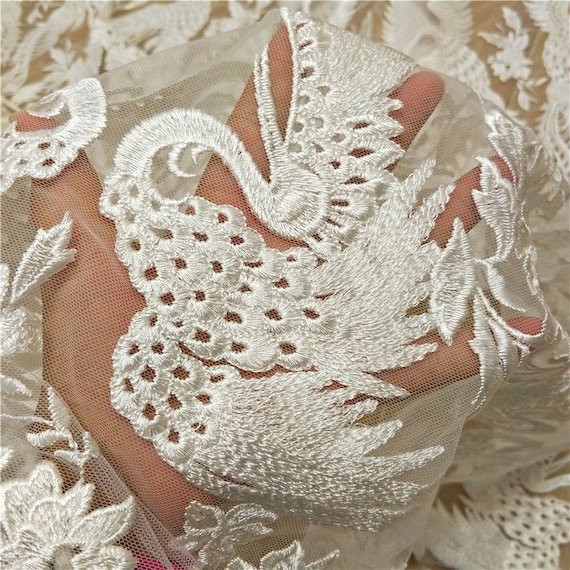 1 Yard Crane Birds Lace Fabric Embroidered on off White 1 Yard Crane Birds Lace Fabric Embroidered on off White