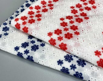 Eyelet Cotton Lace Fabric,Embroidery Flower Cotton Fabric,Red/Blue-Off White Cotton Fabric, Blouse Dress Costume Fabric 1 Yard