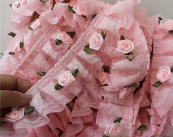 5 Yards 3D Chiffon Rose Flower Embroidered Lace Trim Ribbon Fabric...