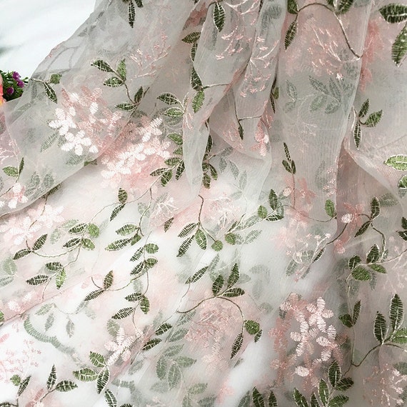 1 Yard Leaf Tulle Lace Fabric, Pink Gauze Fabric, Embroidery