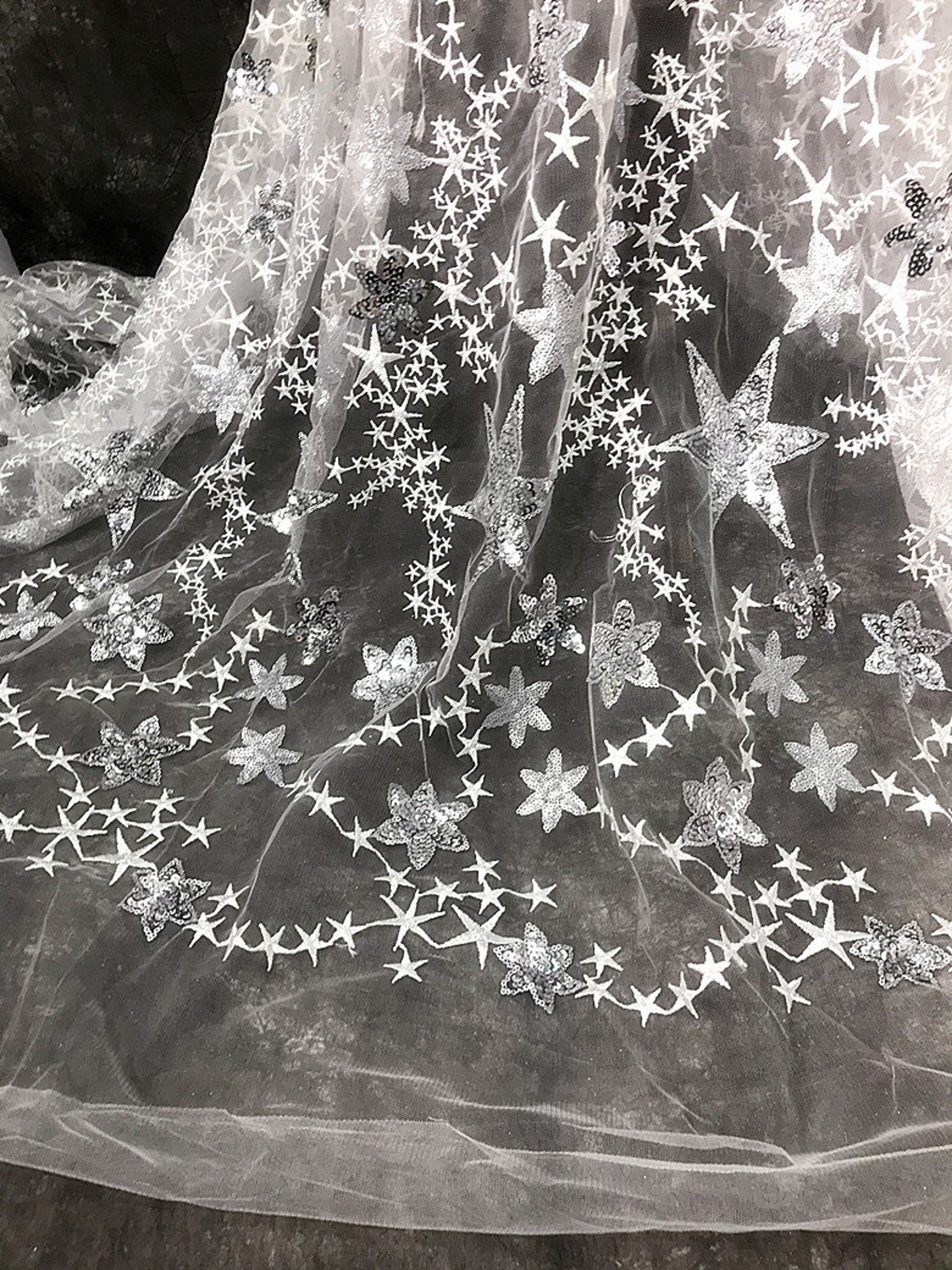 Textile Star Silver Stars Tulle Fabric, Star Lace Fabric, Embroidered Lace Fabric ...