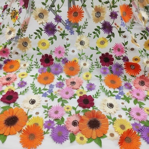 Daisy Lace Fabric Colorful 3D Flower Embroidered Fabric Soft Tulle Mesh Fabric Floral Fabric Bridal Lace Fabric By The Yard