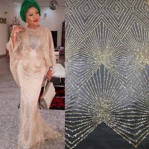 Sequins Lace Fabric 5 Yards, Gold Lace Fabric, African Lace Fabric, Bridal Wedding Mesh Fabric For Evening Dress