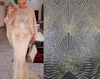 Sequins Lace Fabric 5 Yards, Gold Lace Fabric, African Lace Fabric, Bridal Wedding Mesh Fabric For Evening Dress