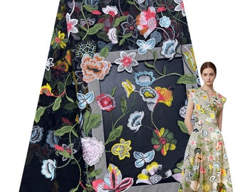 Flower Embroidered Lace Fabric Black White Mesh Colorful Floral Lace Tulle By the Yard for Party Dress Gown Curtain 51" width