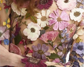 12 Farben 3D-Blumen bestickter Spitzenstoff, bunter Blumen-Tüll-Netzstoff für Baby-Tutu-Kleid, Bankettkleid, Braut- und Hochzeitskleid, 129 cm breit