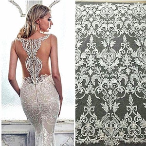 Off White Sequined Venice Lace Fabric Embroidered Flowers Dress fabric 51 Inches Wide Gowns Fabric By Yard