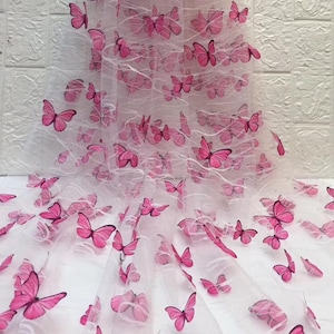 5 Yards 3D Butterfly Tulle Lace Fabric, Hot Pink Butterfly Applique On Off White Or Black Tulle In Branch Pattern, 3D Butterfly Fabric