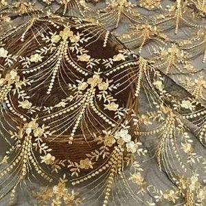 Vintage Gold Lace Fabric, Golden Embroidery Mesh Lace Fabric, Soft Tulle Lace Fabric For Formal Dress, Prom Gown, Bridal Wedding Robe image 7