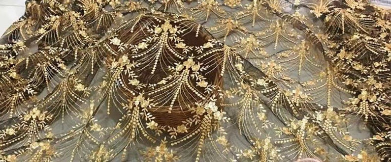 Vintage Gold Lace Fabric, Golden Embroidery Mesh Lace Fabric, Soft Tulle Lace Fabric For Formal Dress, Prom Gown, Bridal Wedding Robe image 7