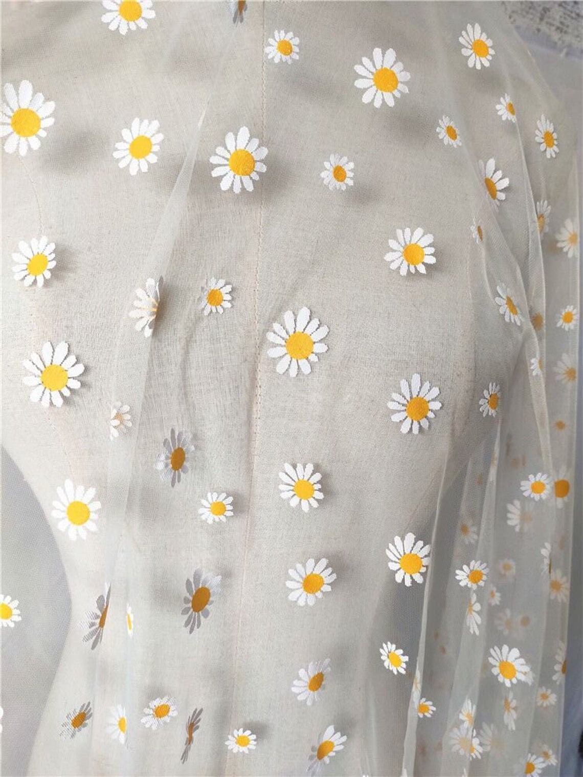 Buy White-yellow Daisy Print Lace Fabric Flower Daisy Tulle Fabric
