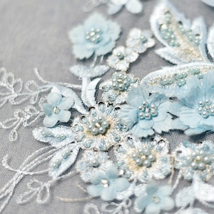 Pink/Pale Blue 3D Flower Beaded Applique Embroidery Lace Floral Patch For Lyrical Dance, Costume Design, Bridal, Hair Accessories