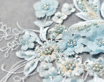 Pink/Pale Blue 3D Flower Beaded Applique Embroidery Lace Floral Patch For  Lyrical Dance, Costume Design, Bridal, Hair Accessories