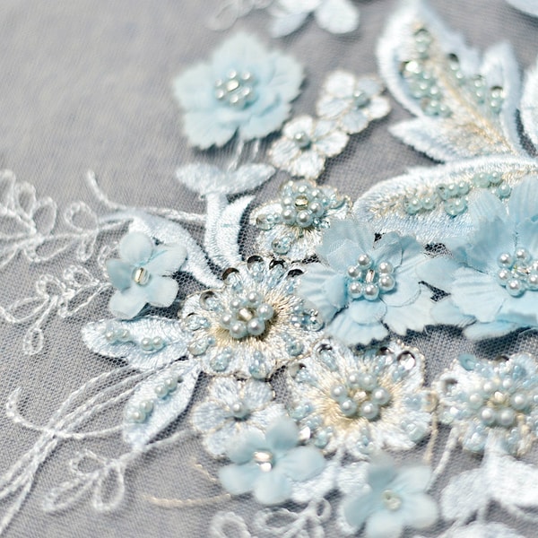 Pink/Pale Blue 3D Flower Beaded Applique Embroidery Lace Floral Patch For Lyrical Dance, Costume Design, Bridal, Hair Accessories