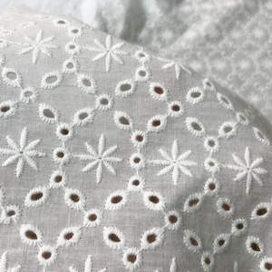 1 Yard Retro Style Flower Cotton Eyelet Fabric In Off White For Girl Dress, Overlay, Curtains, Home Decor 53" Wide