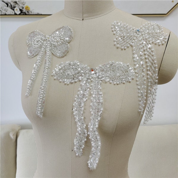 Adorable Bowknot Beaded Applique Sequins Bowknot For Headband, Bridal Veil, Wedding Dress, DIY Decoration