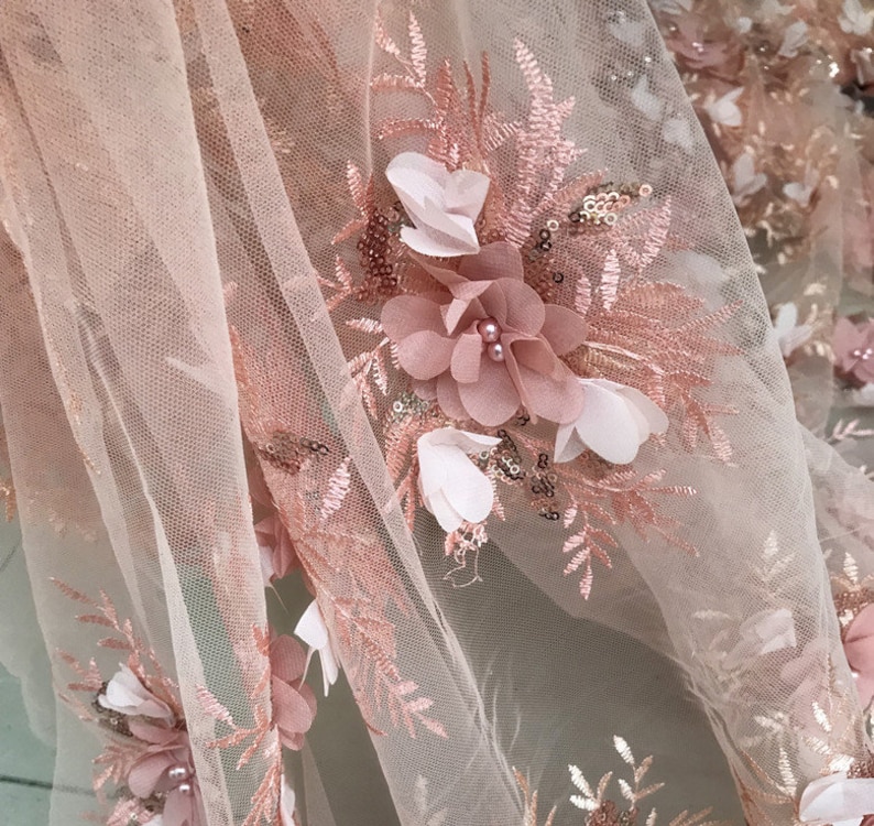 Pear Beaded Blossom Fabric PinkOff White 3D Chiffon Flower Lace Fabric Sequined Embroidered Wedding Fabric 49 Wide 1 Yard