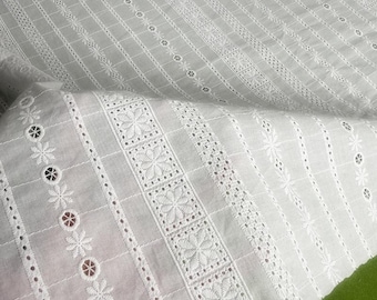 Tela de encaje de algodón con estampado floral a rayas, tela de algodón con bordado calado, tela de algodón blanco roto, tela para cortinas, blusas, vestidos y disfraces (1 yarda).