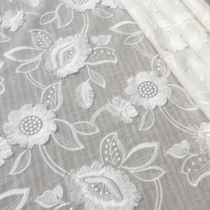 Embroidered Cotton Lace Fabric With Milk Silk 3D Flower In Off White By The Yard