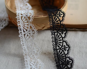 5 Yards Venice Lace Trim, Off White/Black Water Soluble Lace Ribbon, Crochet Lace 1" Wide