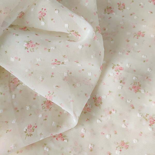 3 Colors Small Floral Dot Chiffon Fabric Pink Beige Blue Print Flower Dot Embroidery Fabric For Modern Wedding Dress,Curtain,Banquet Dress