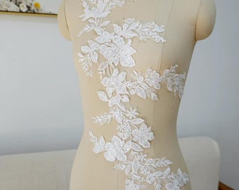 sequins leaf floral embroidery lace applique cotton thread tulle bodice lace applique for wedding dress bridal applique 1pc 58cm * 25cm