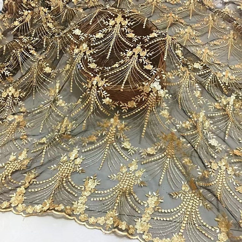 Vintage Gold Lace Fabric, Golden Embroidery Mesh Lace Fabric, Soft Tulle Lace Fabric For Formal Dress, Prom Gown, Bridal Wedding Robe image 3
