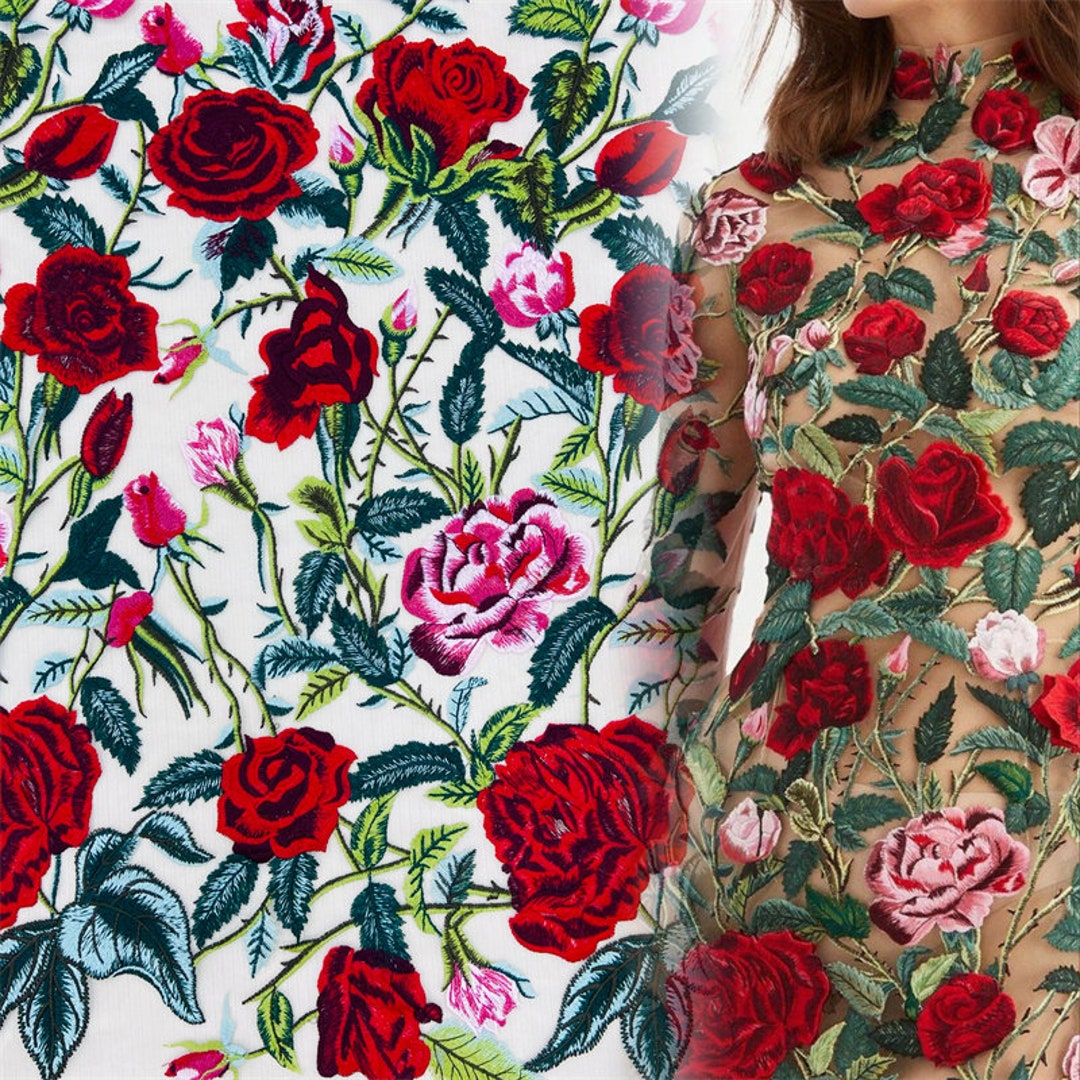 Multicolor Red Rose Flowers Lace Fabric Soft off White Tulle Etsy
