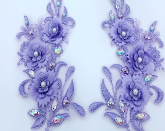 Pale Purple Lace Applique, 3D Flowers Beaded Appliques, Rhinestone Applique, Mirror Pair Lace Motif, Wedding Bridal Decor