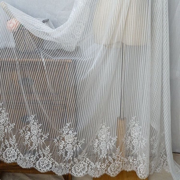 Striped Chantilly Florals Lace Fabric With Both Scalloped Borders In Black/Off White For Wedding Veil, Table Runner, Shawl, Bridal Dress