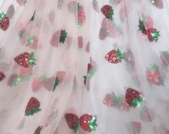 Sweet Strawberry Lace Fabric, Sequined Strawberry Tulle Fabric For Party Dress, Girl Dress, Veil, Baby Dress