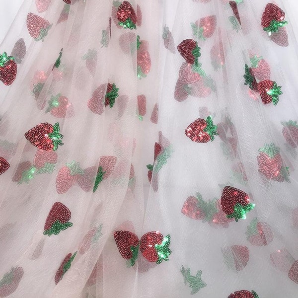 Sweet Strawberry Lace Fabric, Sequined Strawberry Tulle Fabric For Party Dress, Girl Dress, Veil, Baby Dress