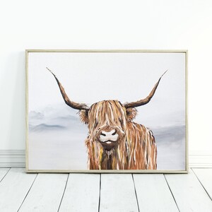 Digital Print, Highland Cow Painting Wallart, Large Cow Artwork, Printable Brown Highland Cow Painting, Country Highland Cow Art