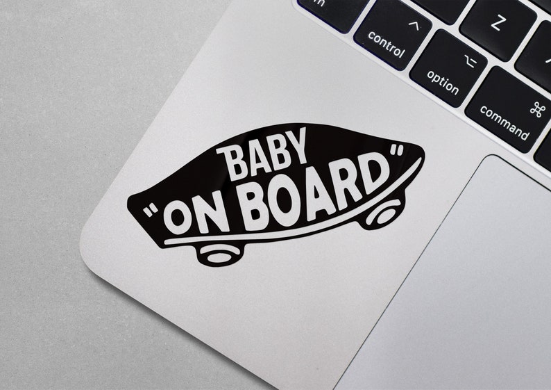 Baby On Board Skate Style decorative decal for cars, laptops, windows, mugs, glass, etc. Black