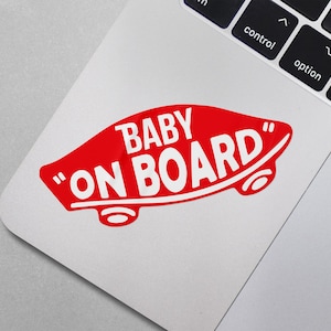 Baby On Board Skate Style decorative decal for cars, laptops, windows, mugs, glass, etc. Red/White